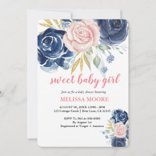 Invitation Douce bébé fille floral marine bleu rose aquarelle