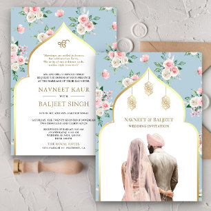 Invitation Douce Bleue Rose Florale Anand Karaj Mariage Sikh