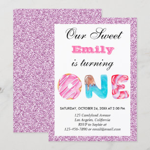 Invitation Douce Bonbon Rose Lilas Paillettes Premier Anniver