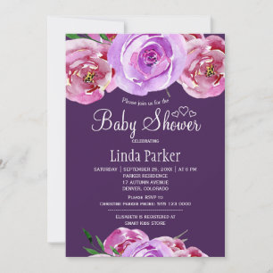 Invitation Douce brume florale rose violine prune pour baby s