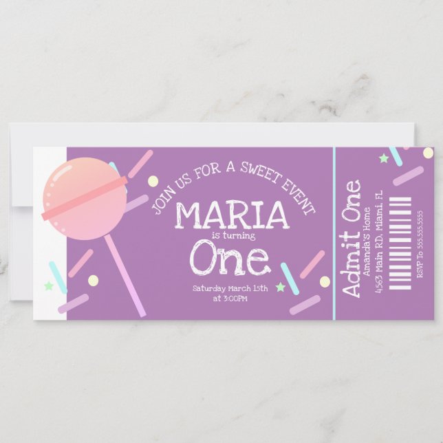 Invitation Douce Buffet de Bonbons  Billet de Fête d'Annivers (Devant)
