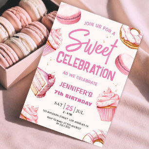 Invitation Douce Célébration Donuts Roses Fille 7ème Annivers