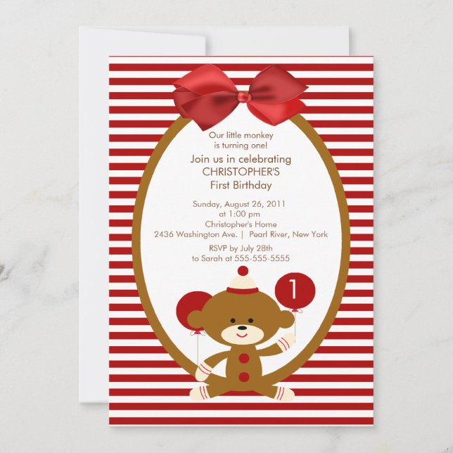 Invitation douce d'anniversaire de enfant de singe (Devant)