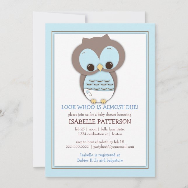 Invitation douce de baby shower de garçon de hibou (Devant)