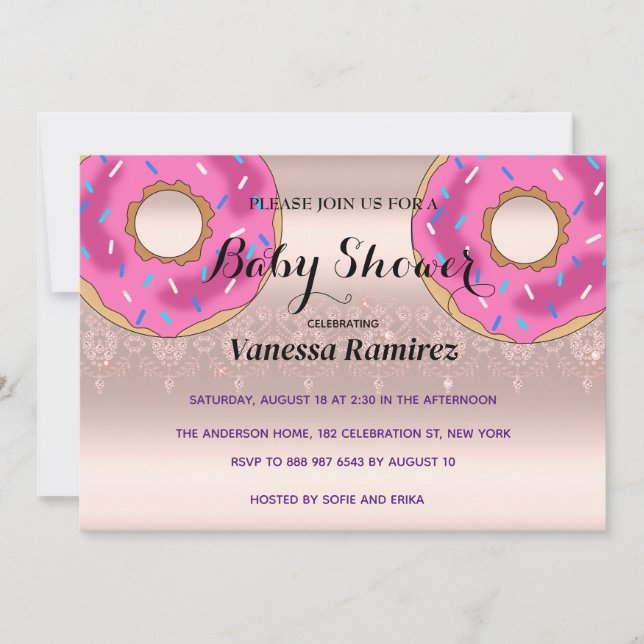 Invitation Douce donuts, cadeau de bébé rose gold (Devant)