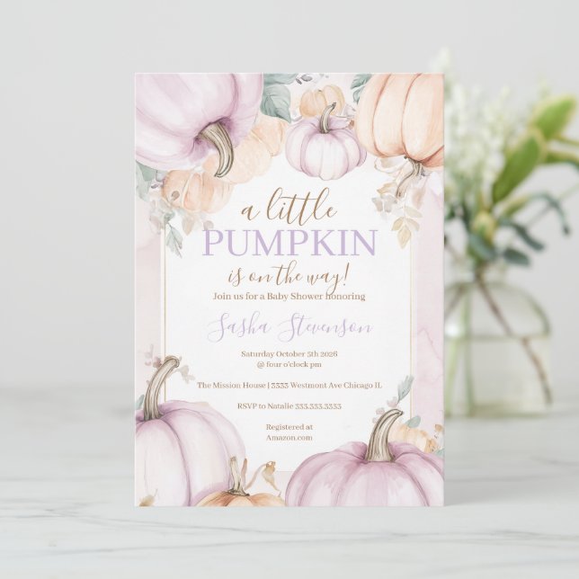 Invitation Douce eau-forte de citrouille violette pour une ba (Debout devant)
