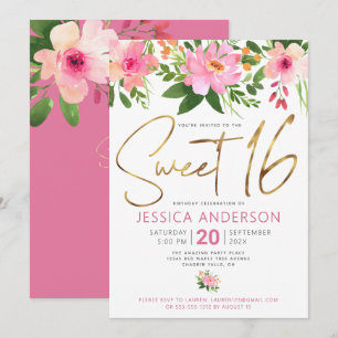 Invitation Douce Écriture Dorée Script Rose Floral Aquarelle