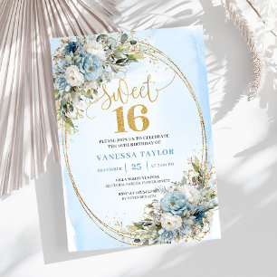 Invitation douce et poussiéreuse bleu floral or po