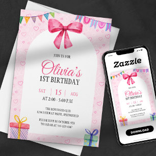 Invitation Douce et Simple Rose Ruban Aquarelle Premier Anniv