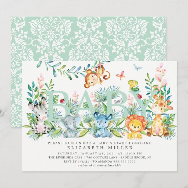 Invitation Douce Fête de Bébé Animaux de la Jungle Neutre (Devant / Derrière)
