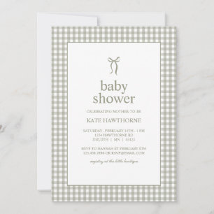 Invitation Douce fête de bébé au nœud vert à carreaux, genre