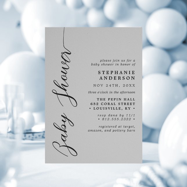 Invitation Douce Fête de Bébé au Thème Gris Moderne Script  (Créateur téléchargé)