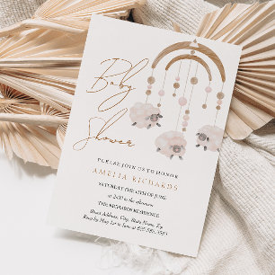 Invitation Douce Fête de Bébé Bohème Rose Mobile