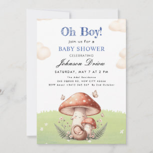 Invitation Douce Fête de Bébé Garçon Champignon Aquarelle