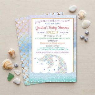 Invitation Douce Fête de Bébé Sirène à l'Aquarelle Arc-en-Cie
