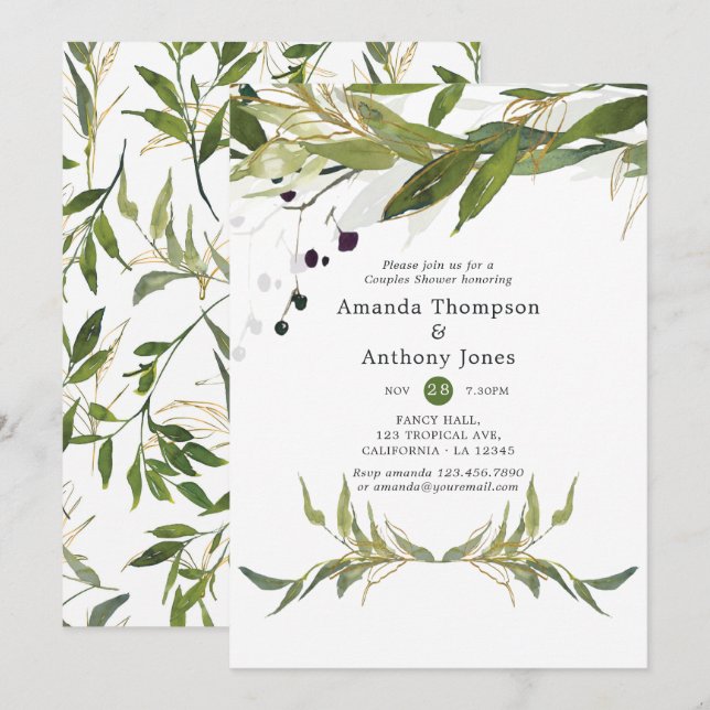 Invitation Douce Fête de Couple avec Feuillage à l'Aquarelle (Devant / Derrière)