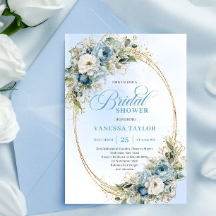 Invitation Douce Fête de Mariage Bohème Bleu Poussiéreux Flor