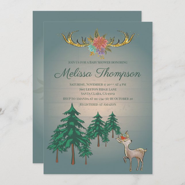 Invitation Douce Fête de Naissance Animaux de la Forêt de Con (Devant / Derrière)