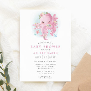 Invitation Douce Fête de Naissance Fille Pieuvre Rose Aquarel