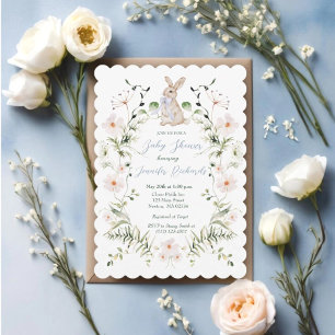 Invitation Douce Fête de Naissance Lapin de Prairie et Fleurs