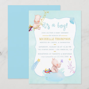 Invitation Douce Fête de Naissance Licorne Rhinocéros Aquarel