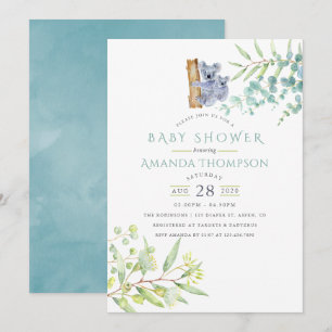 Invitation Douce Fête de Naissance Ourson Koala aux Feuilles 