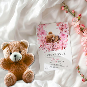 Invitation Douce Fête de Naissance Ourson Rose Floral Endormi