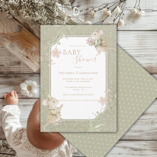 Invitation Douce Fête de Naissance Sage Vert Floral Vintage p