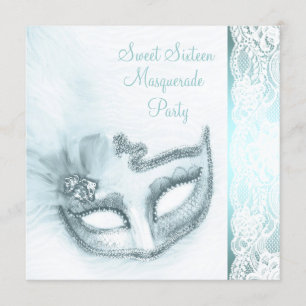Invitation Douce Fête Masquée Bleu Turquoise pour Seize Ans