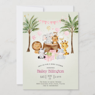 Invitation Douce Fête Rose Safari Jungle Aquarelle Fille Baby
