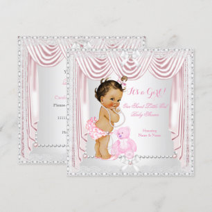 Invitation Douce Fille Baby Shower Satin Rose Brunette Bébé