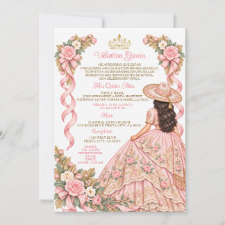 Invitation Douce Fille Charra Rose Quinceañera Florale Or