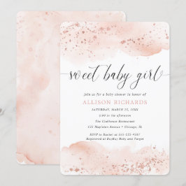 Invitation Douce fille fille aquarelle rose or rose rousse