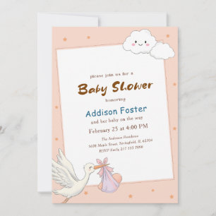 Invitation Douce Fille Grue Rose Nuage Baby Shower