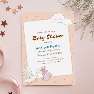 Invitation Douce Fille Grue Rose Nuage Baby Shower