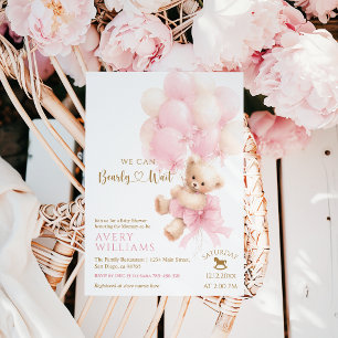 Invitation Douce Fille Ourson Rose Ballon Nœud Bébé Shower