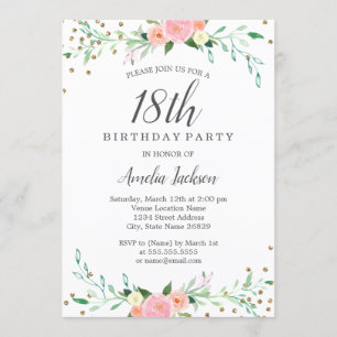 Invitation Douce Florale Étincelle Confettis Fête d'anniversa