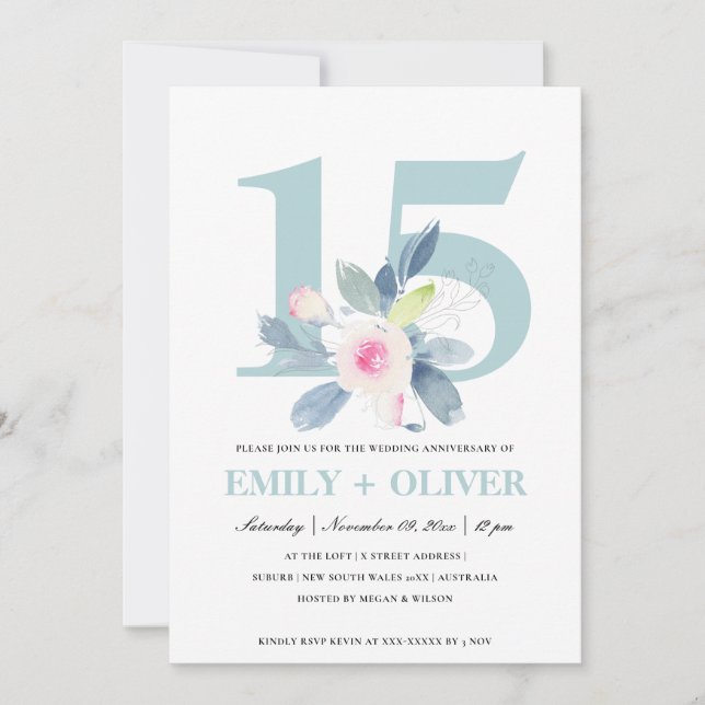 INVITATION DOUCE FLURALE BLEUE ROSE 15ÈME ANNIVERSAIRE TOUTE  (Devant)