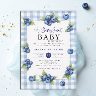 Invitation Douce Gingham Bleu Fête de Bébé de Style Cottage