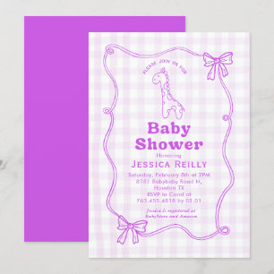 Invitation Douce girafe à carreaux et noeud élégant pour Baby
