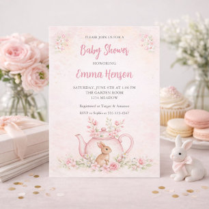 Invitation Douce Lapin & Théière Florale Baby Shower 