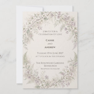 Invitation Douce Mariage aux Fougères et Fleurs de Lilas