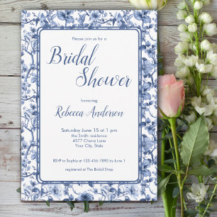 Invitation Douce Mariée Fleurie Toile Chinoise Bleue