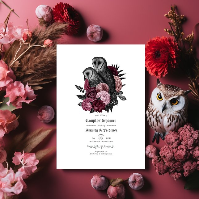 Invitation Douce Nuit de Chasse Couples Shower Gothique et Fl (Gothic Owl and Floral Halloween Couples Shower Invitation)