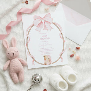 Invitation Douce Ourson & Nœud Rose Fille Baby Shower