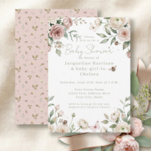 Invitation Douce petite fille à abeille rose rose et ivoire f