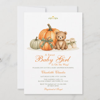 Invitation Douce petite fille ours en citrouille Baby Shower