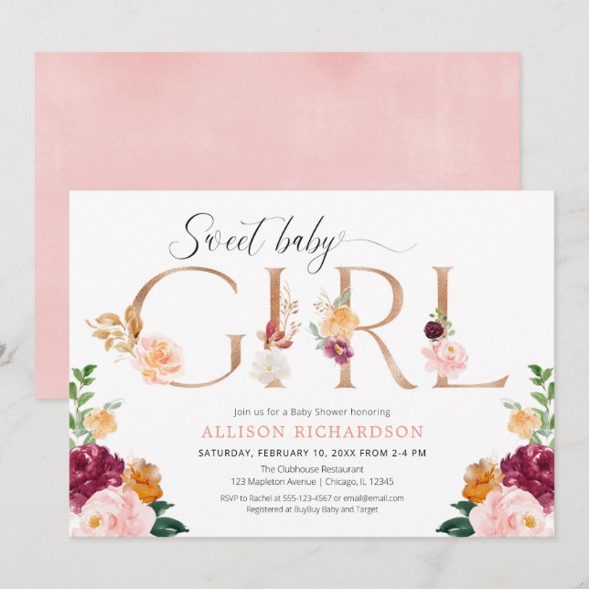 Invitation Douce petite fille rose d'or burgundy douche rouss (Devant / Derrière)