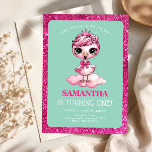 Invitation Douce Princesse Flamant Rose Fête son Premier Anni