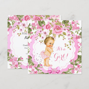 Invitation Douce Rose Florale Rose Baby Shower Fille Blonde